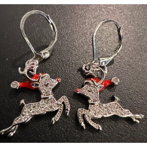Rhinestone Reindeer Holiday Dangle Earrings Jewelry - Picture 2 of 4